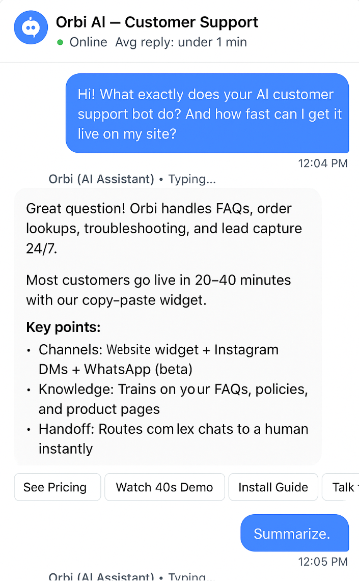 Orbi AI —Starter Plan  (AI Customer Support Agent)